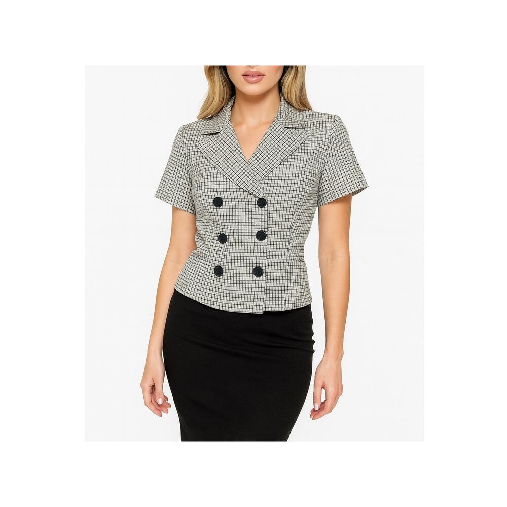 Vintage 90s Y2K Plaid Double Breasted Blazer Blouse Preppy Office Siren S Top